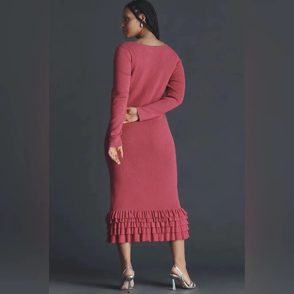 Brand New Anthropologie Women’s Pink Slim Ruffle Sweater Midi Dress, Size M, NWT - Picture 2 of 4